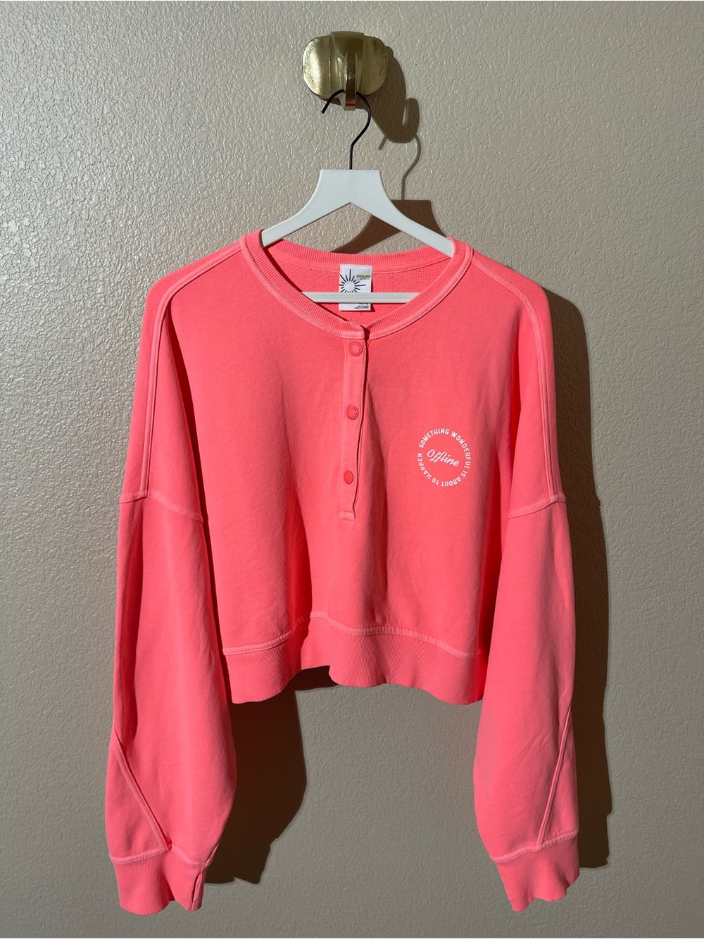 NWT OFFLINE by Aerie coral pink oversized cropped henley sweatshirt